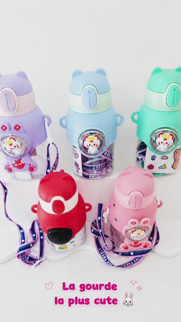 Gourde Kawaii  🐱 – 600ml   avec Paille & Bandoulière