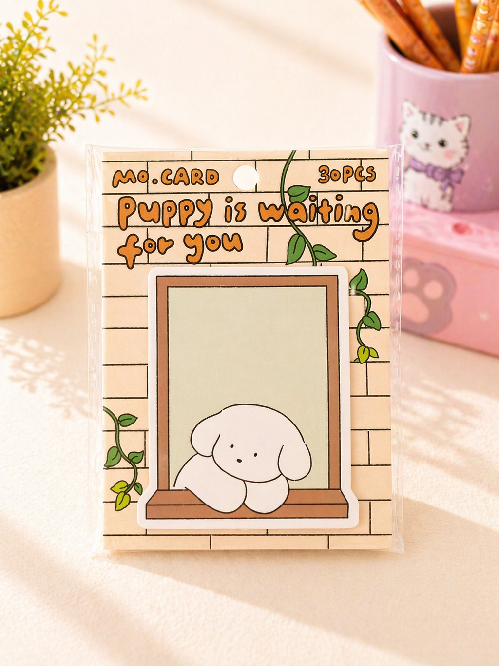 Bloc-notes adhésifs kawaii Puppy Moments posés sur un bureau pastel – Mimisu
