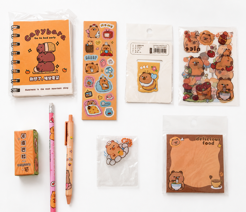Coffret papeterie kawaii Capybara petit format emballage cadeau sur fond blanc – Mimisu
