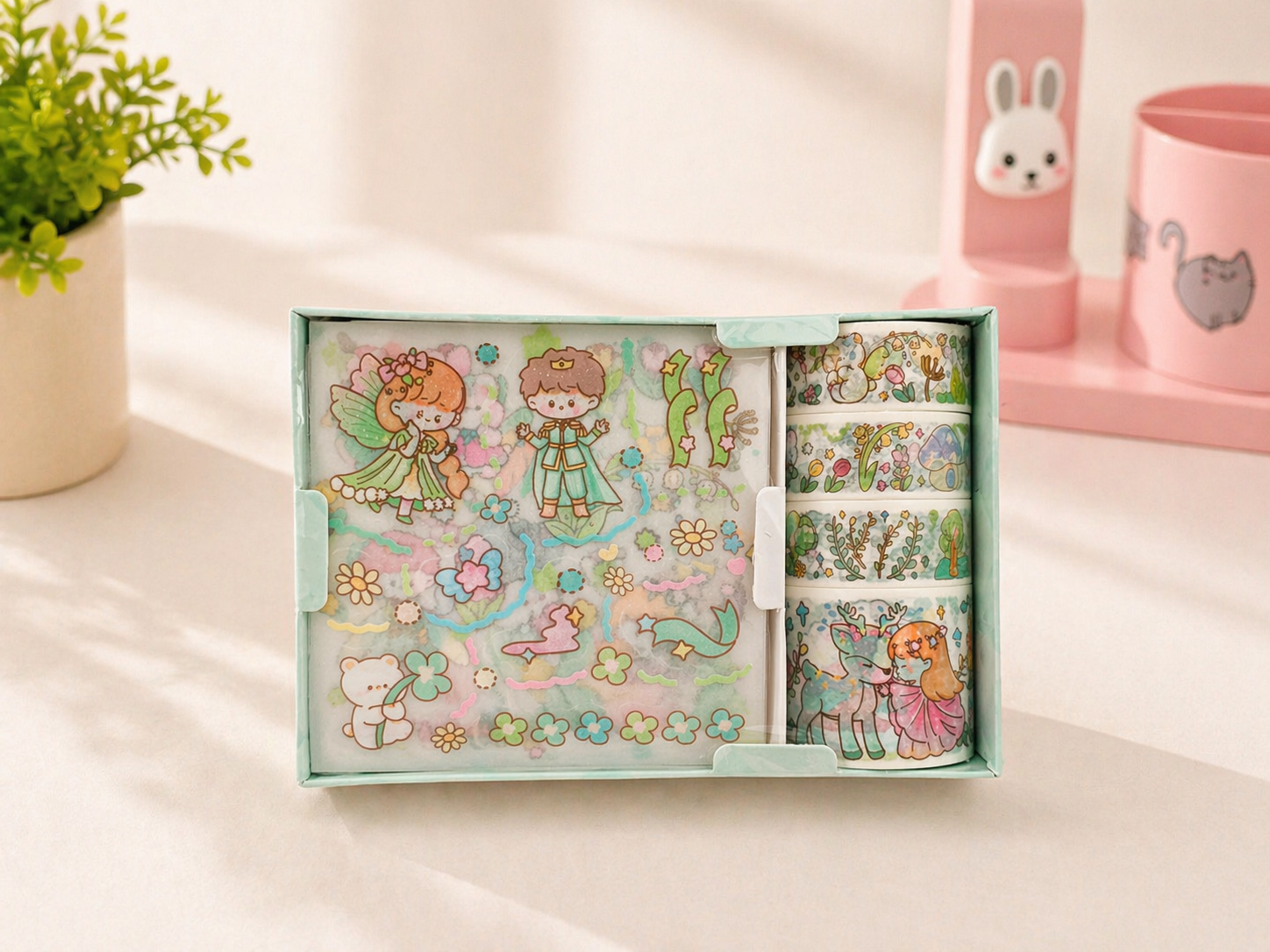Mini kit kawaii box illustrée ouverte contenu washi tape et stickers – Mimisu
