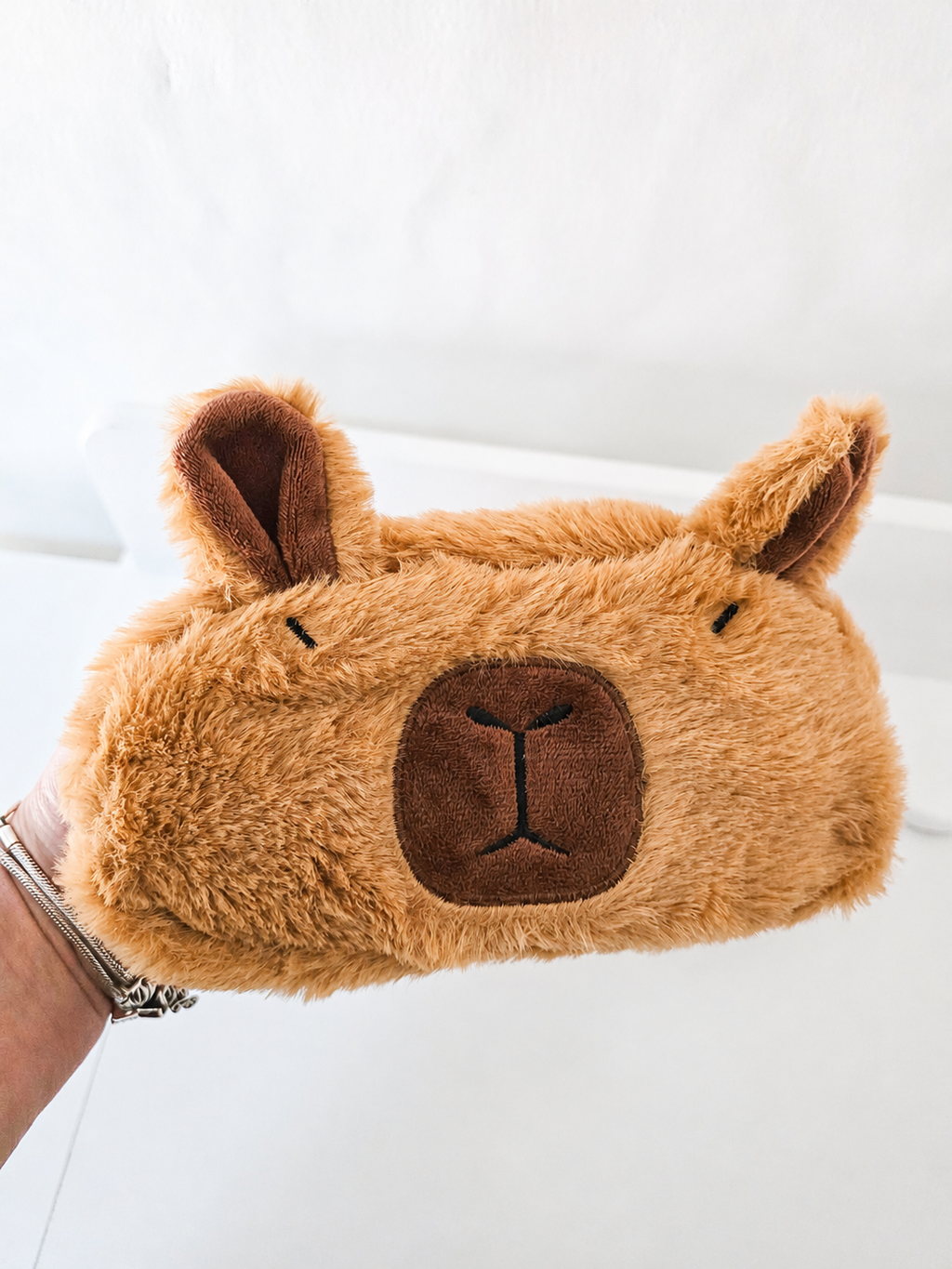 Trousse Capybara peluche kawaii tenue en main pour montrer la taille – Mimisu
