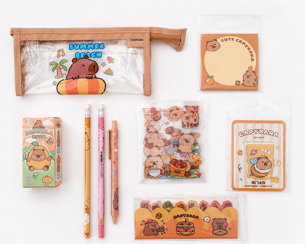 Coffret papeterie kawaii Capybara grand format emballage cadeau sur fond blanc – Mimisu
