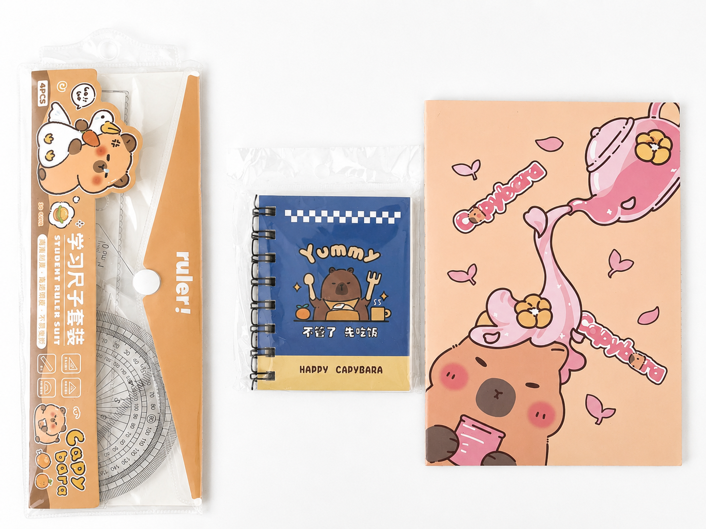 Coffret papeterie kawaii Capybara grand format posé sur un bureau pastel – Mimisu
