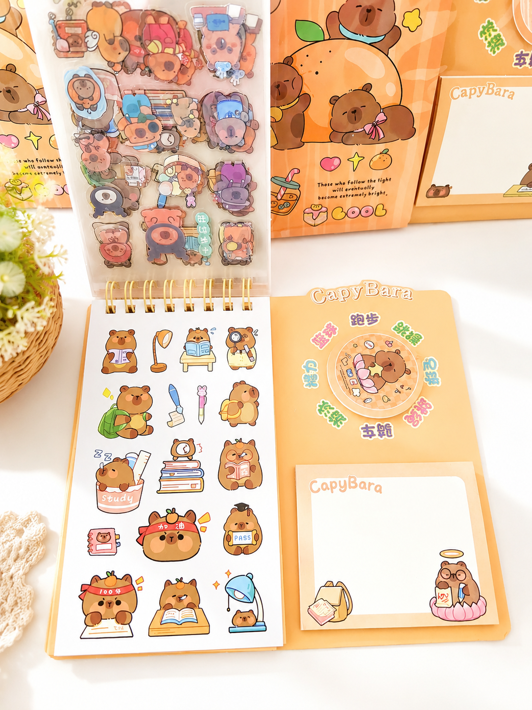 Bloc-notes 3 en 1 kawaii Capybara ouvert pour montrer les 3 sections – Mimisu
