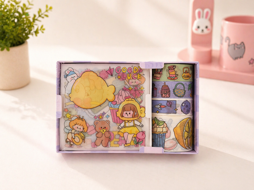 Box kawaii washi tape et stickers posée sur un bureau pastel – Mimisu
