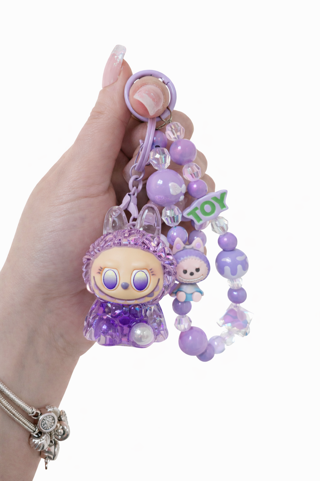 Porte-clé bracelet perles cristal irisées et charm TOY kawaii vue de face – Mimisu
