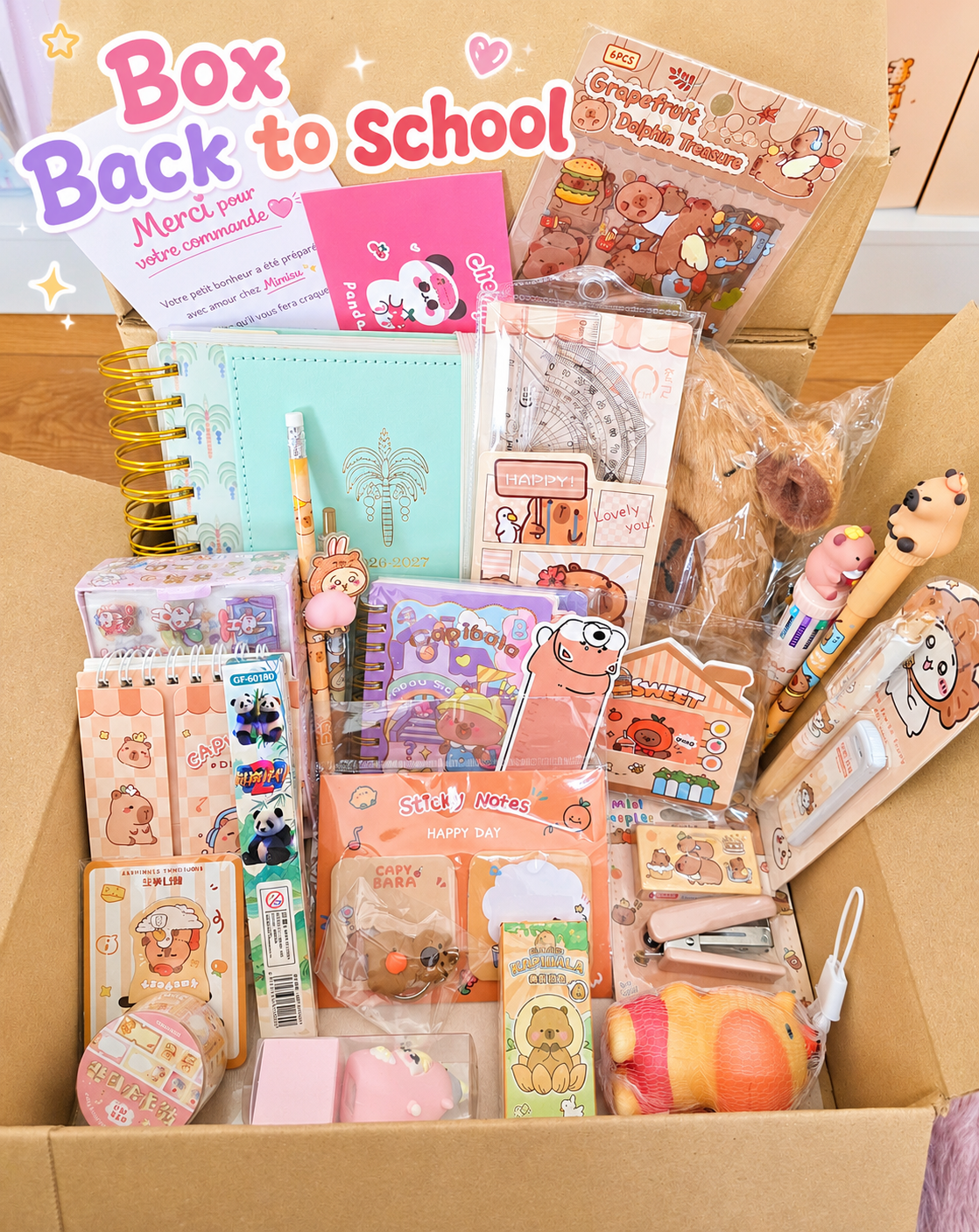 Box Back to School kawaii Mimisu - 20 articles surprise agenda règle stylos trousse gomme taille-crayon carnet