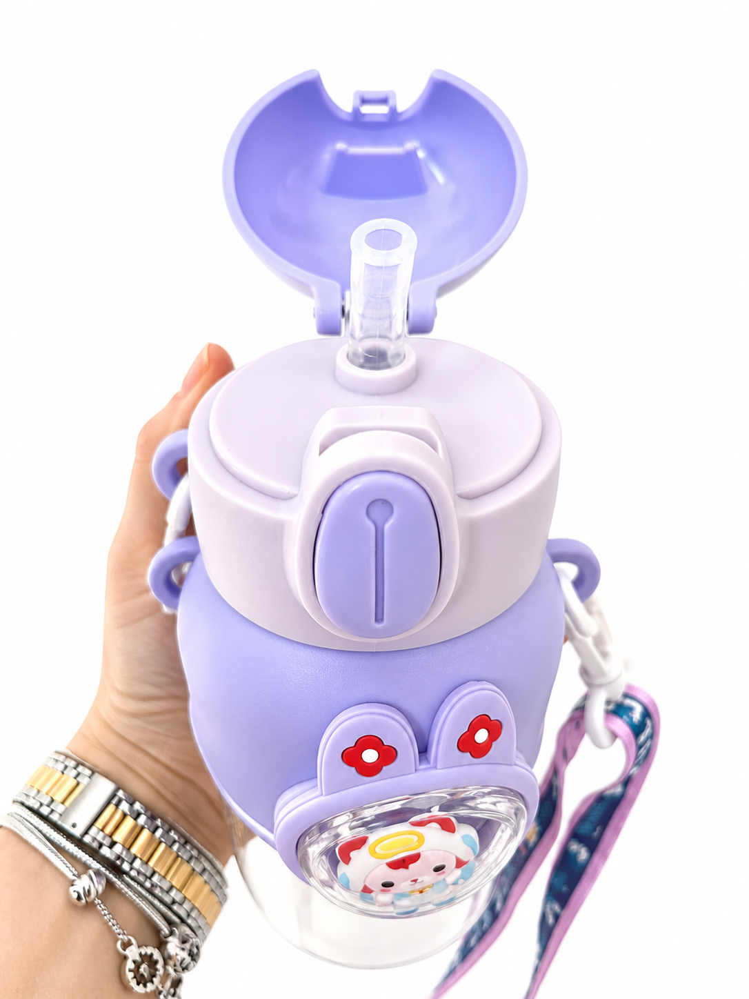 Gourde kawaii chat 600ml posée sur un bureau pastel – Mimisu
