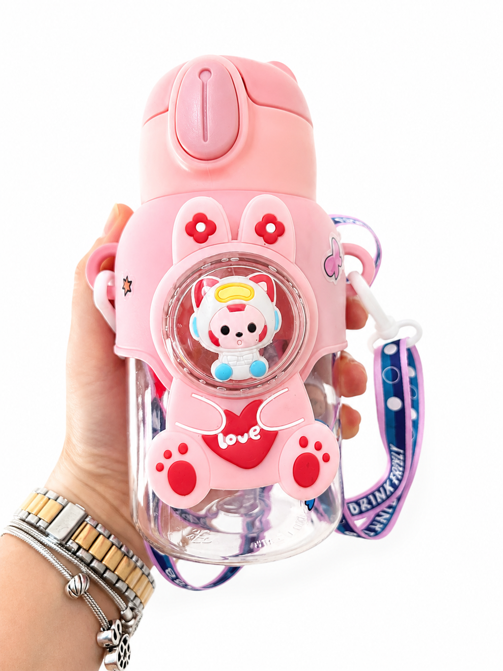 Gourde kawaii chat 600ml avec bandoulière portée en main – Mimisu
