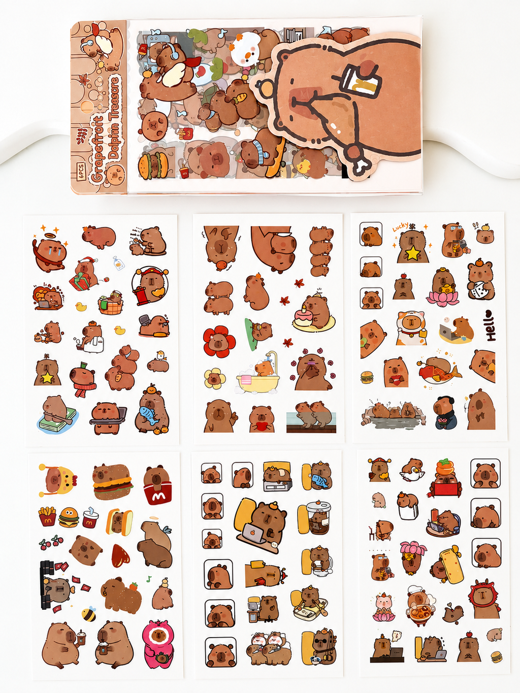 Stickers kawaii Capybara 6 planches dépliées vue d'ensemble – Mimisu
