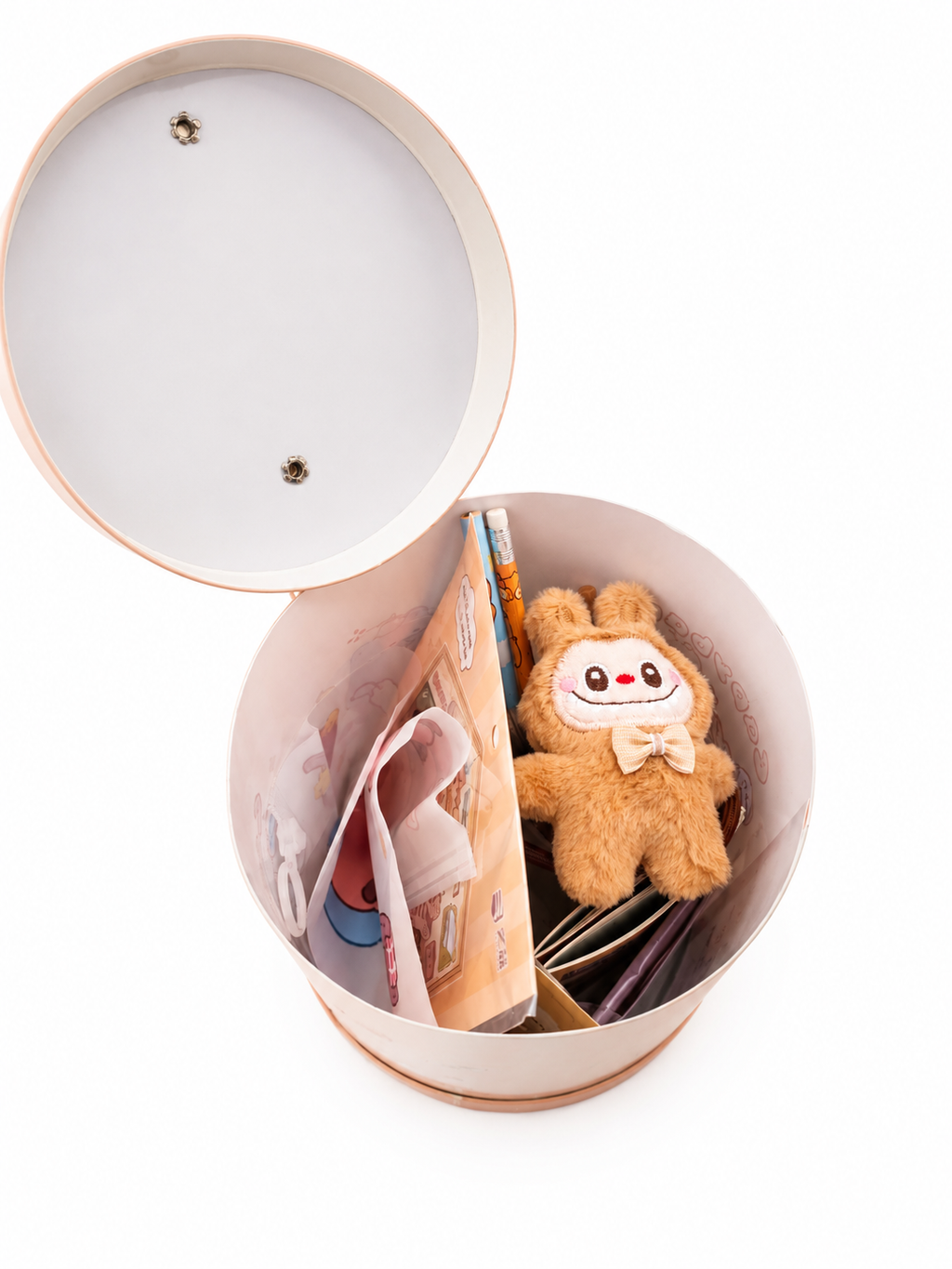 Coffret cylindrique kawaii Capybara édition premium posé sur un bureau pastel – Mimisu
